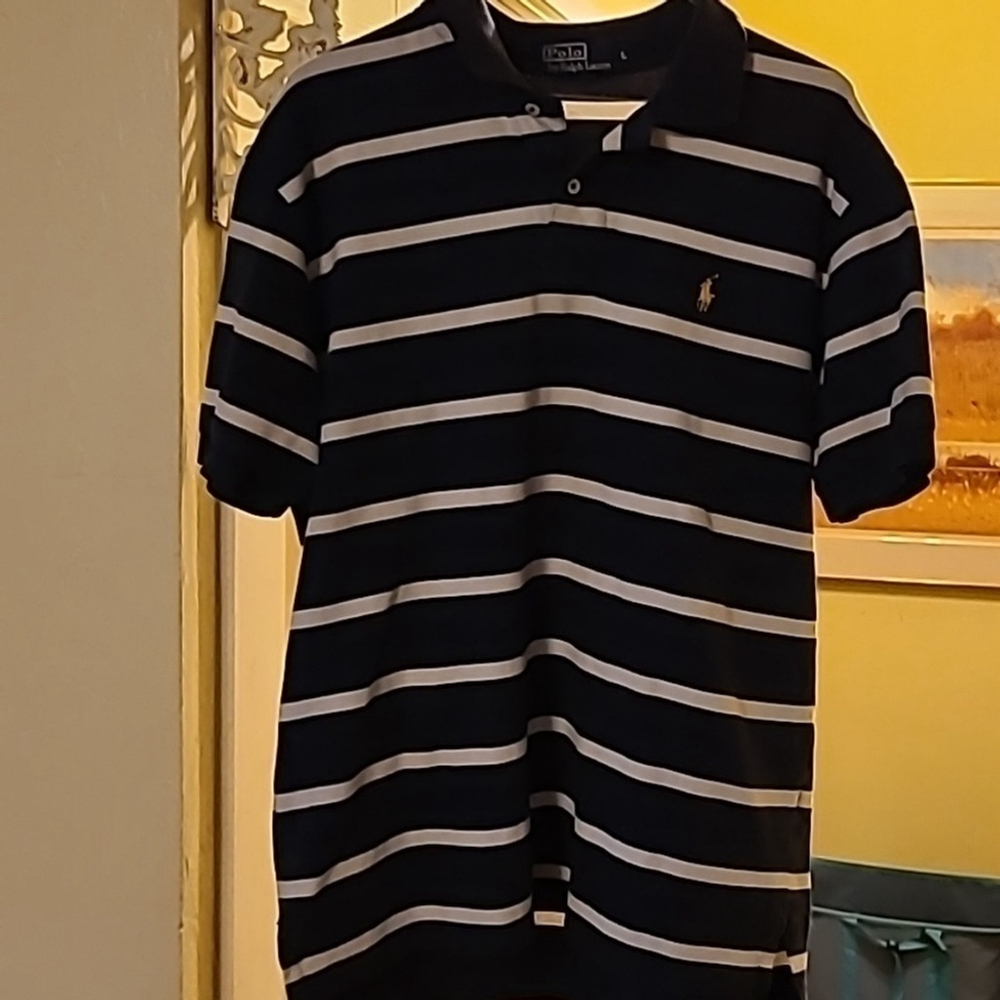 Ralph Lauren Polo shirt sz L. Blue and cream Blue Label, (#219) EC. .